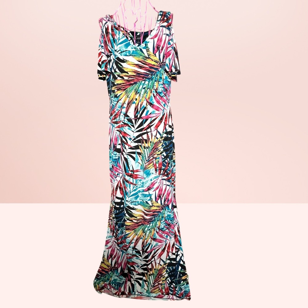 Connected Apparel Tropical Palm Cold Shoulder Maxi Dress Sz 8 Peacock Multi NEW
